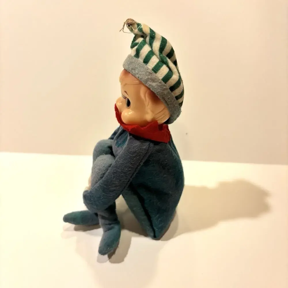 Vintage 7” Japan Knee Hugger Elf w/ Green Striped Hat And Jingle Bell